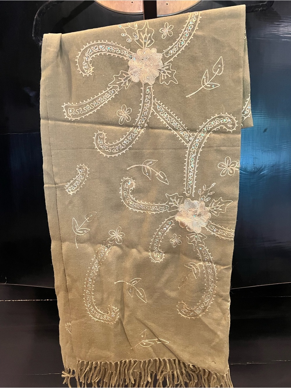 Olive Green Embroidered Floral Scarf with Fringe